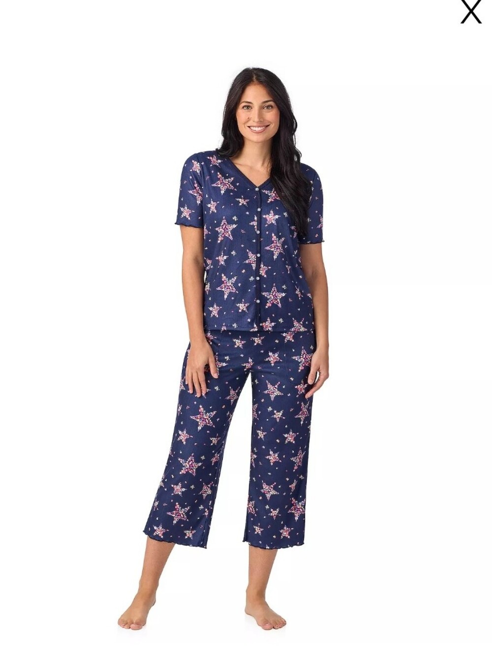 Cuddl Duds Navy Star-Print Short Sleeve Pajama Set with Red & White Stars